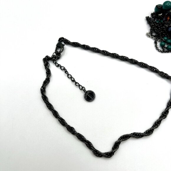 Talbots Multi-Strand Statement Necklace Gunmetal Chain Teal Amber Crystal Beads - Picture 4 of 6